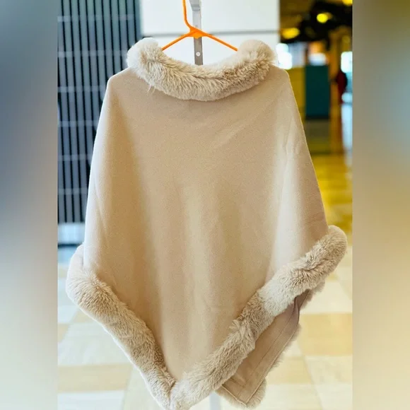 Knitted cape poncho with warm furry collar for women Amazon.com: Women Fall Shawl Wrap Loose Winter Warm Faux Fur  main image 3